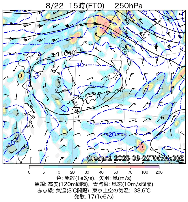 2025年8月22日の日本周辺の250hPa天気図（15時）