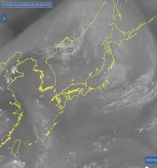 2025年8月22日15時の日本周辺の衛星水蒸気画像