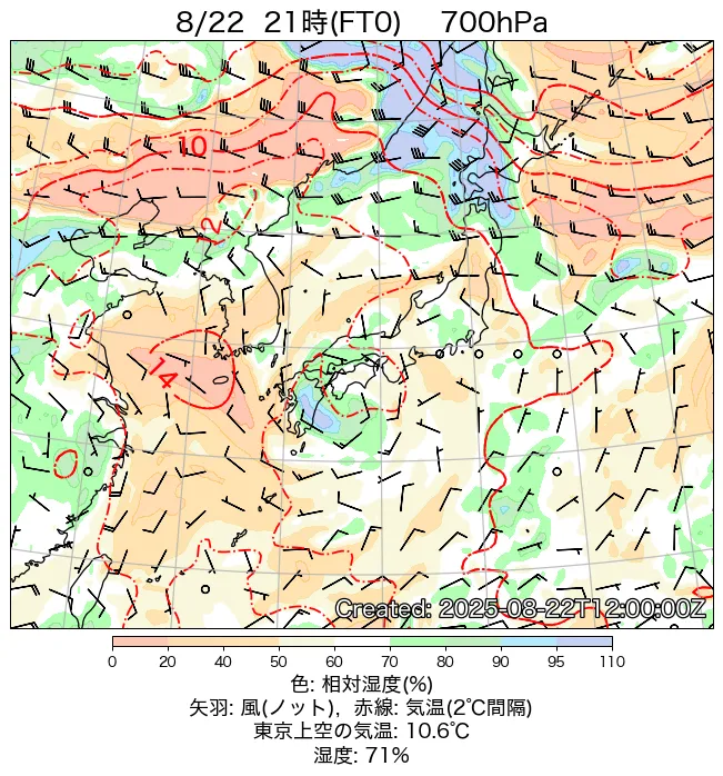 2025年8月22日の日本周辺の700hPa天気図（21時）