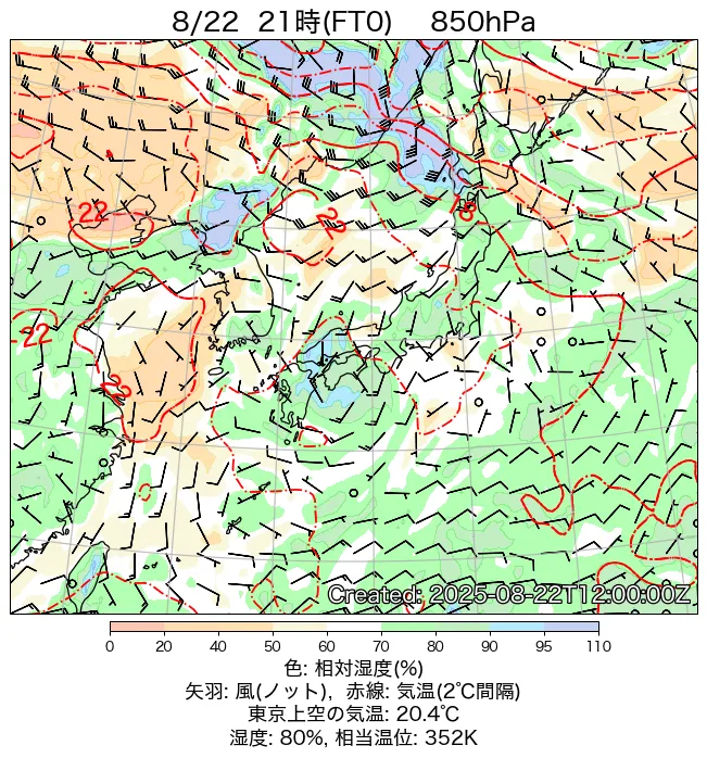 2025年8月22日の日本周辺の850hPa天気図（21時）
