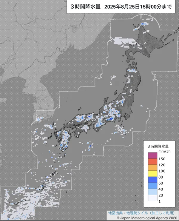 2025年8月25日の日本周辺の12〜15時の3時間解析降水量