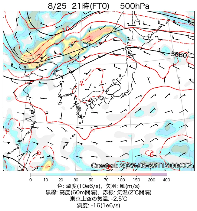 2025年8月25日の日本周辺の500hPa天気図（21時）