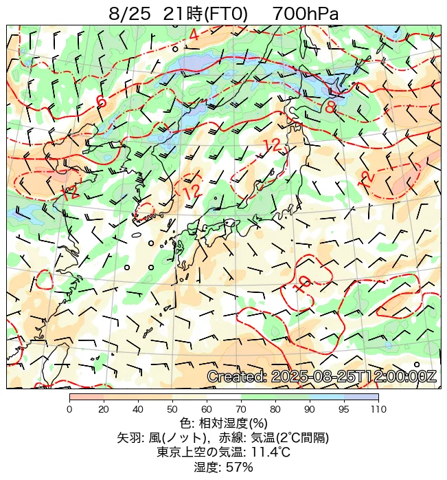 2025年8月25日の日本周辺の700hPa天気図（21時）