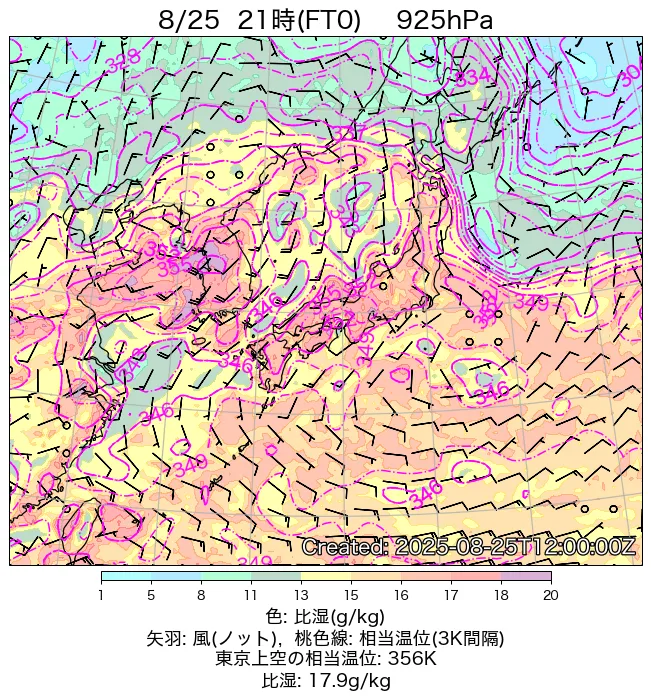2025年8月25日の日本周辺の925hPa天気図（21時）