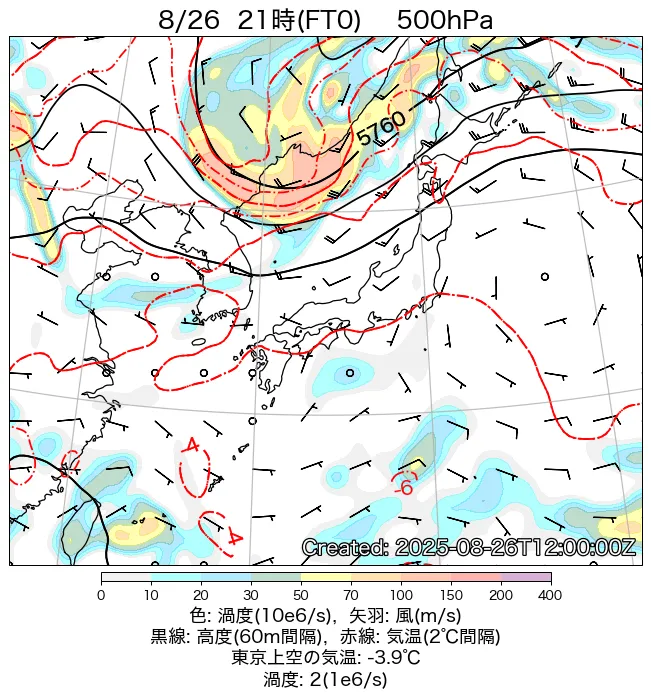 2025年8月26日の日本周辺の500hPa天気図（21時）