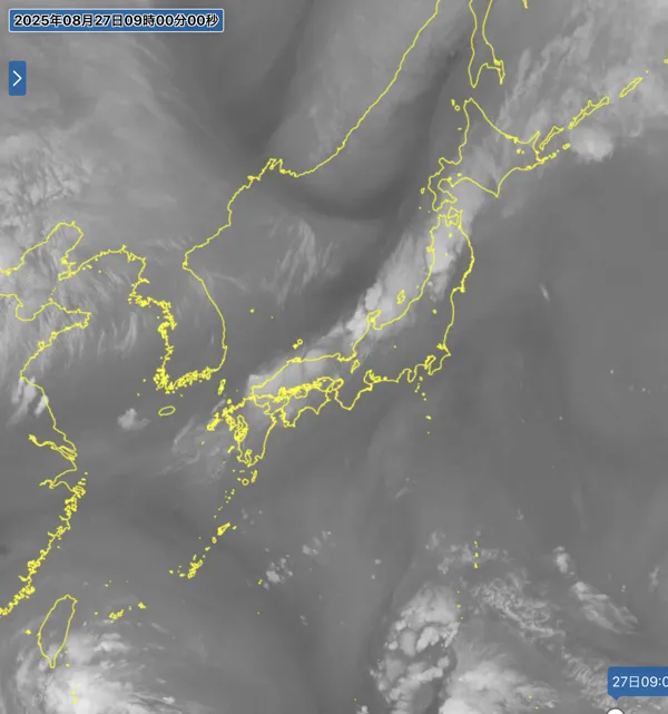 2025年8月27日の日本周辺の衛星水蒸気画像（9時）