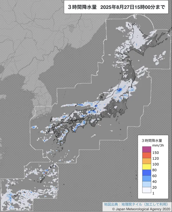 2025年8月27日の日本周辺の12〜15時の3時間解析降水量