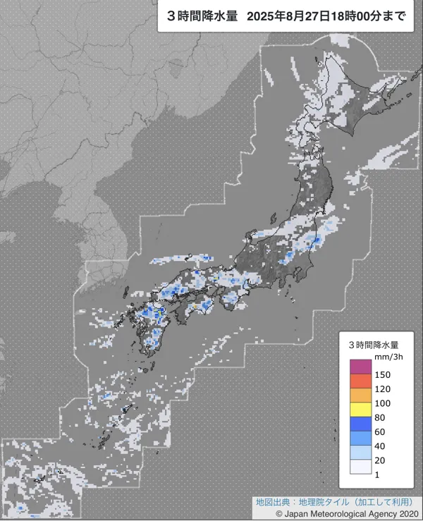 2025年8月27日の日本周辺の15〜18時の3時間解析降水量