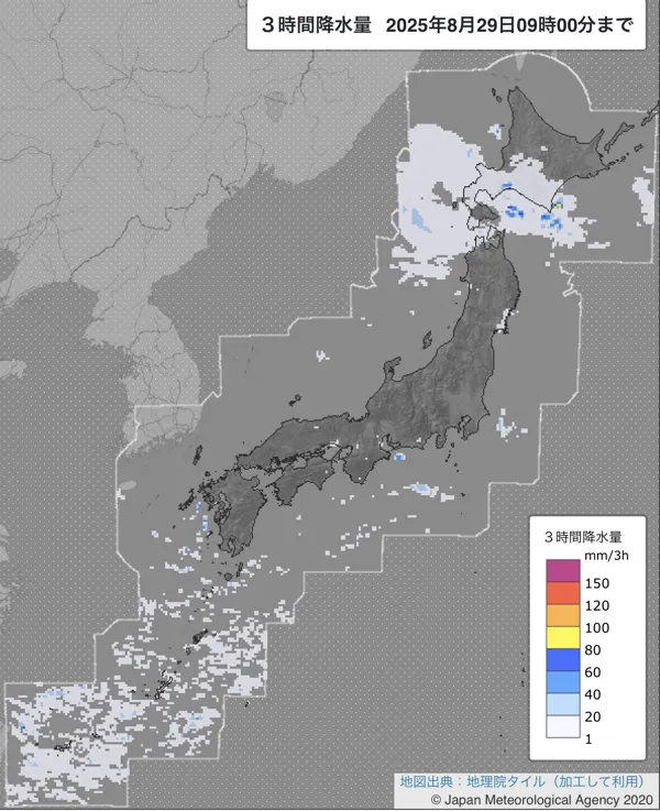 2025年8月29日の日本周辺の6〜9時の3時間解析降水量