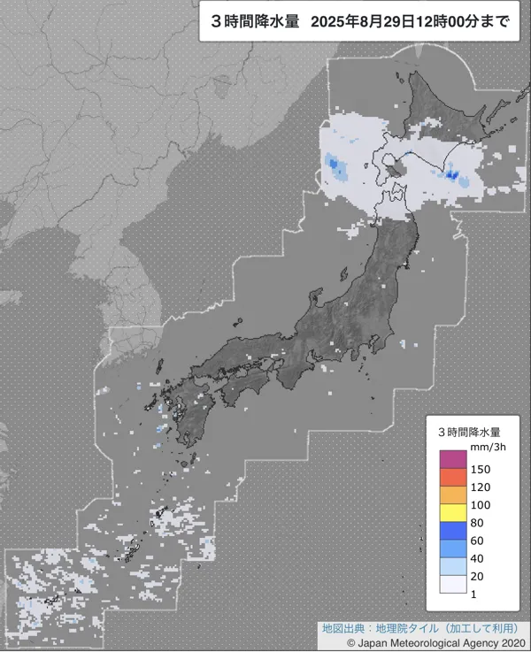 2025年8月29日の日本周辺の9〜12時の3時間解析降水量