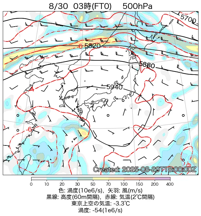 2025年8月30日の日本周辺の500hPa天気図（3時）