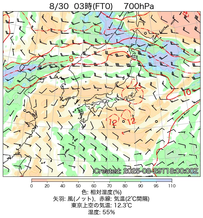 2025年8月30日の日本周辺の700hPa天気図（3時）