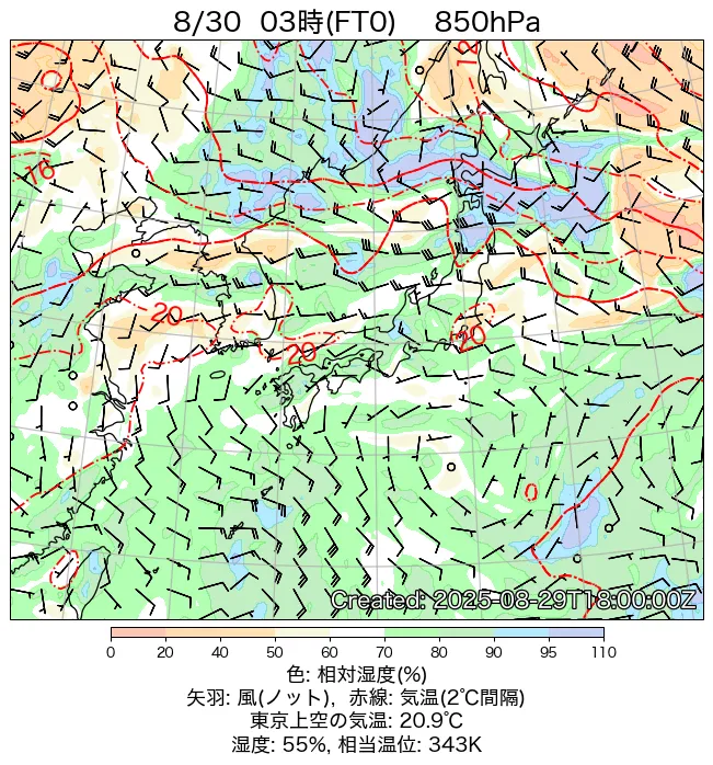 2025年8月30日の日本周辺の850hPa天気図（3時）
