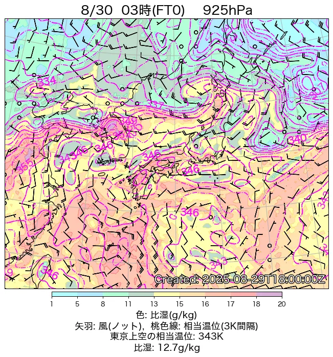 2025年8月30日の日本周辺の925hPa天気図（3時）