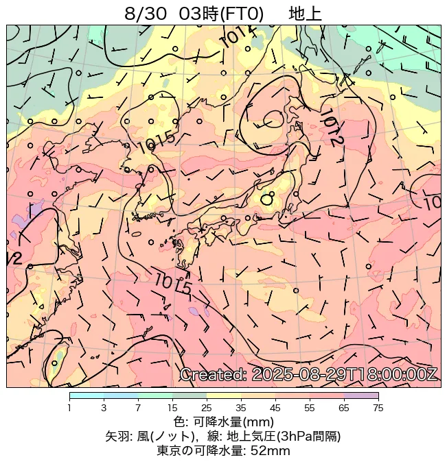 2025年8月30日の日本周辺の地上天気図（3時）