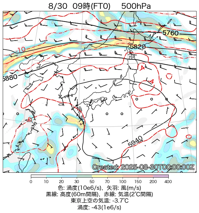 2025年8月30日の日本周辺の500hPa天気図（9時）