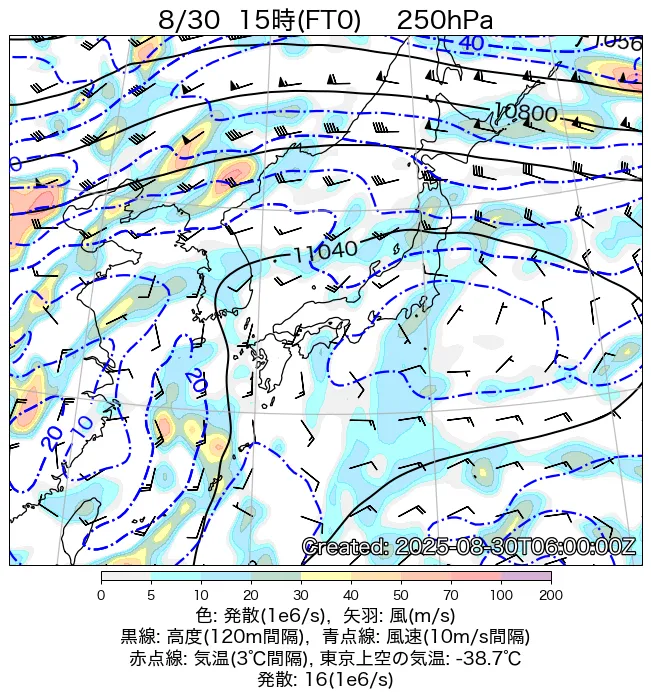 2025年8月30日の日本周辺の250hPa天気図（15時）