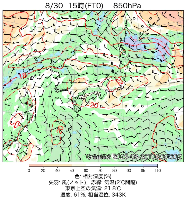 2025年8月30日の日本周辺の850hPa天気図（15時）