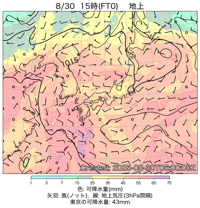 2025年8月30日の日本周辺の地上天気図（15時）