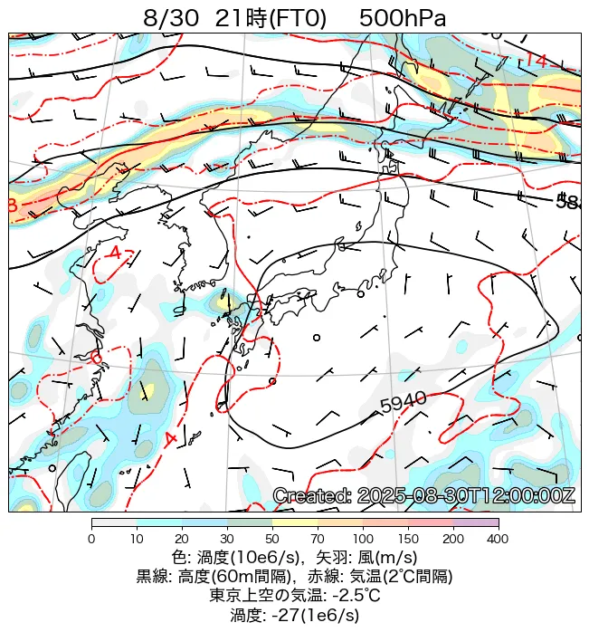 2025年8月30日の日本周辺の500hPa天気図（21時）
