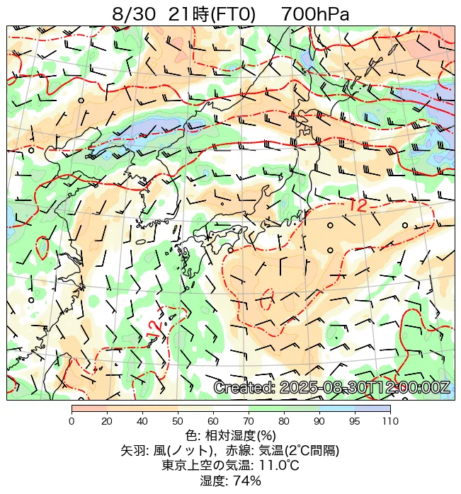 2025年8月30日の日本周辺の700hPa天気図（21時）