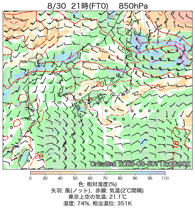 2025年8月30日の日本周辺の850hPa天気図（21時）