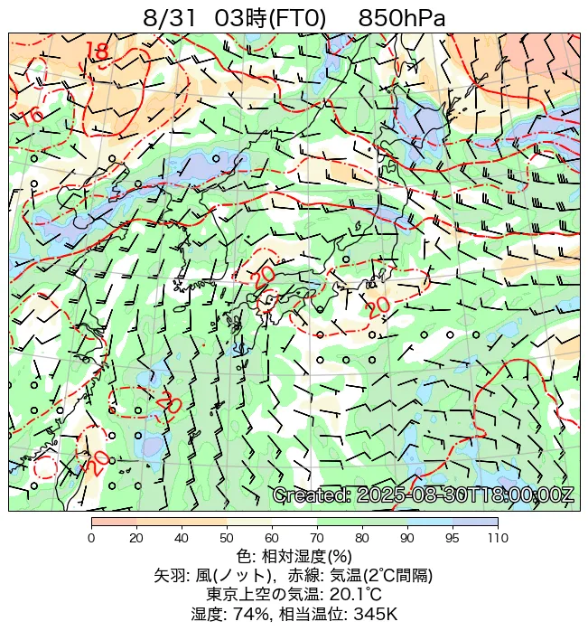 2025年8月31日の日本周辺の850hPa天気図（3時）