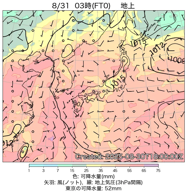 2025年8月31日の日本周辺の地上天気図（3時）