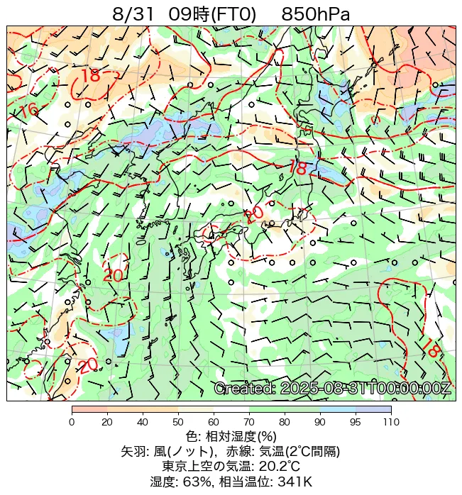 2025年8月31日の日本周辺の850hPa天気図（9時）