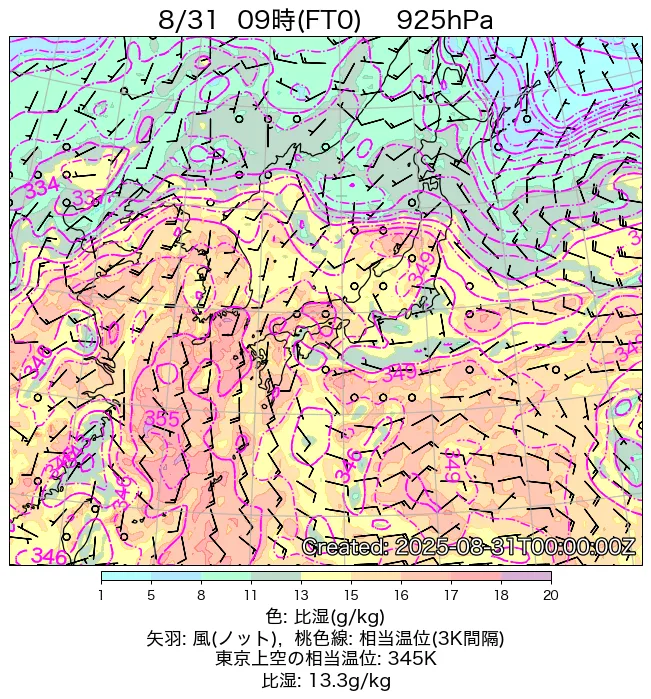 2025年8月31日の日本周辺の925hPa天気図（9時）
