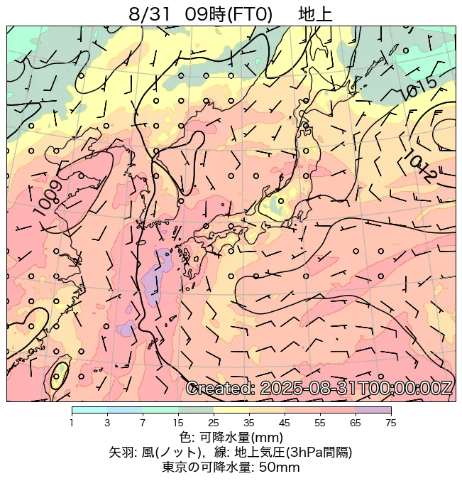 2025年8月31日の日本周辺の地上天気図（9時）