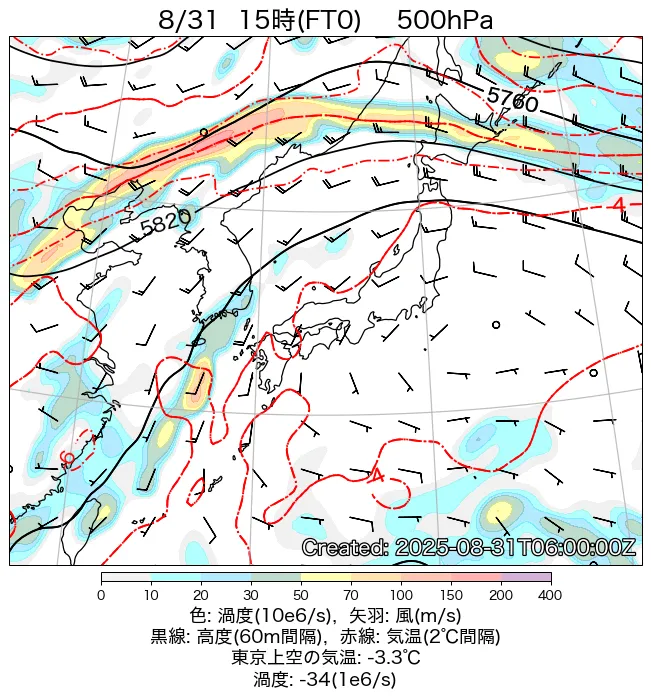 2025年8月31日の日本周辺の500hPa天気図（15時）