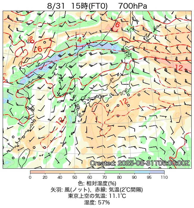 2025年8月31日の日本周辺の700hPa天気図（15時）