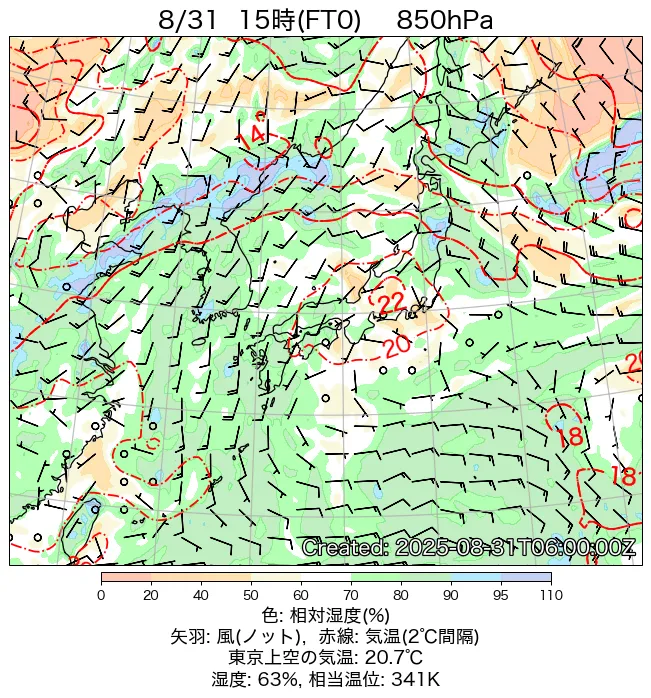 2025年8月31日の日本周辺の850hPa天気図（15時）