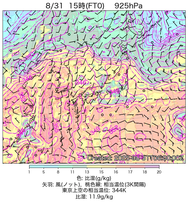 2025年8月31日の日本周辺の925hPa天気図（15時）