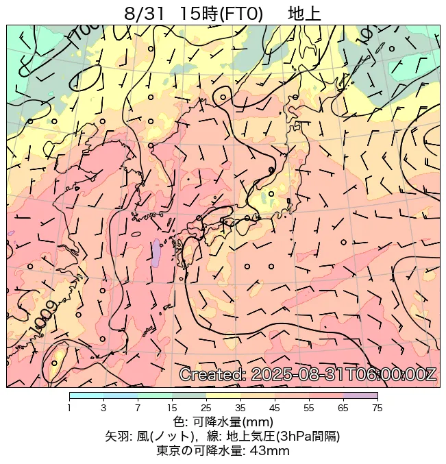 2025年8月31日の日本周辺の地上天気図（15時）