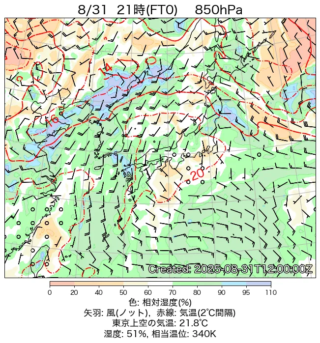 2025年8月31日の日本周辺の850hPa天気図（21時）