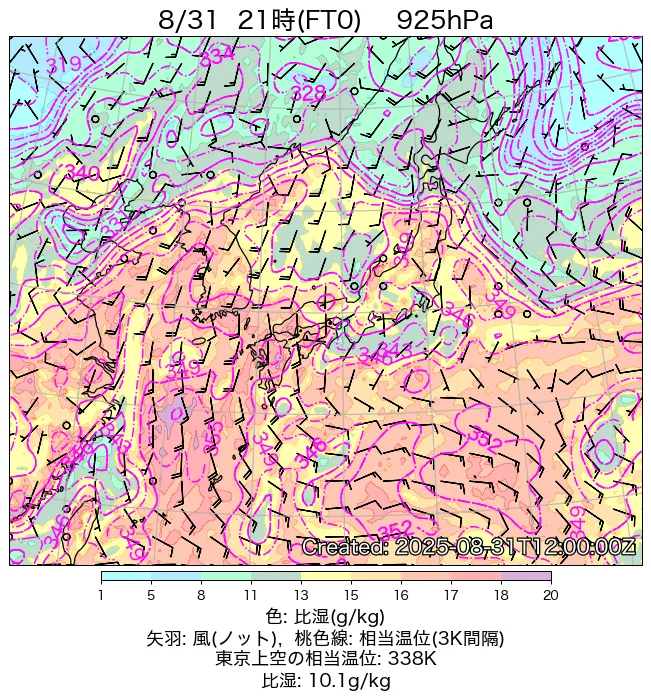 2025年8月31日の日本周辺の925hPa天気図（21時）