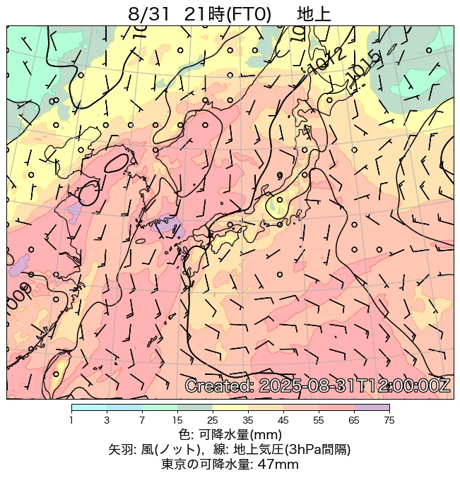 2025年8月31日の日本周辺の地上天気図（21時）