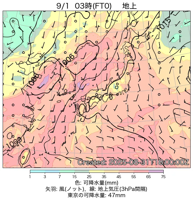 2025年9月1日の日本周辺の地上天気図（3時）
