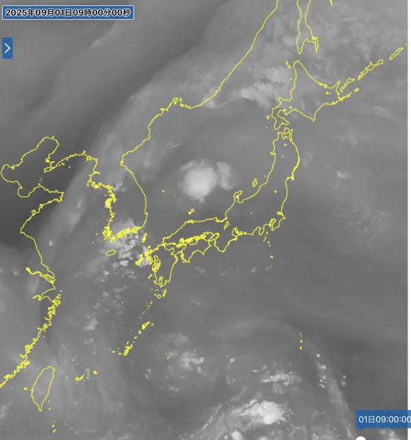 2025年9月1日9時の日本周辺の衛星水蒸気画像