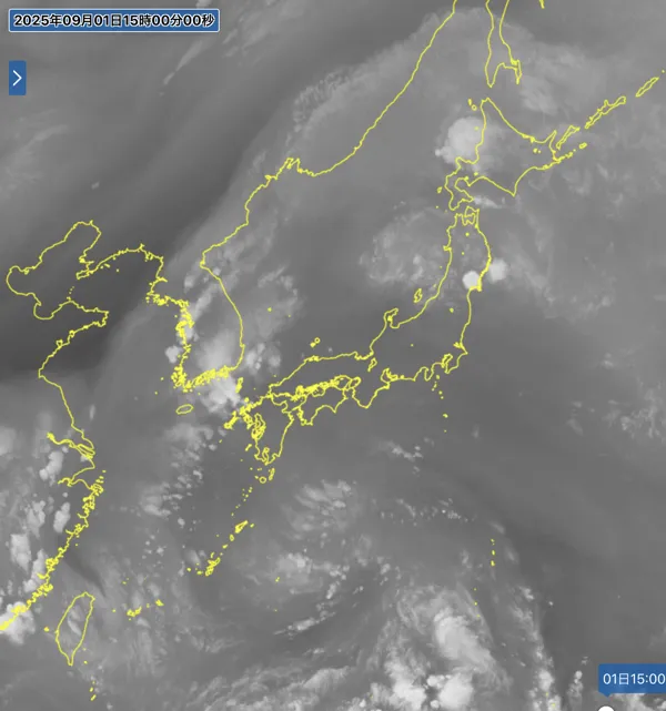 2025年9月1日15時の日本周辺の衛星水蒸気画像