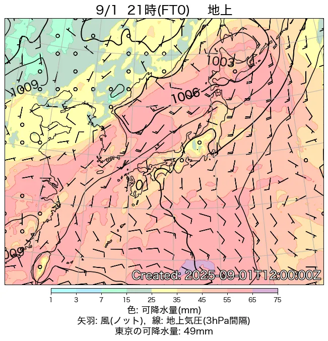 2025年9月1日の日本周辺の地上天気図（21時）
