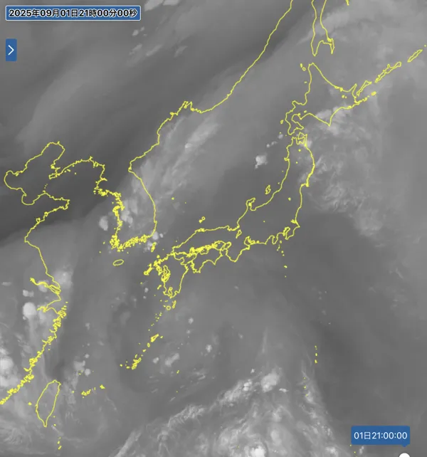 2025年9月1日21時の日本周辺の衛星水蒸気画像