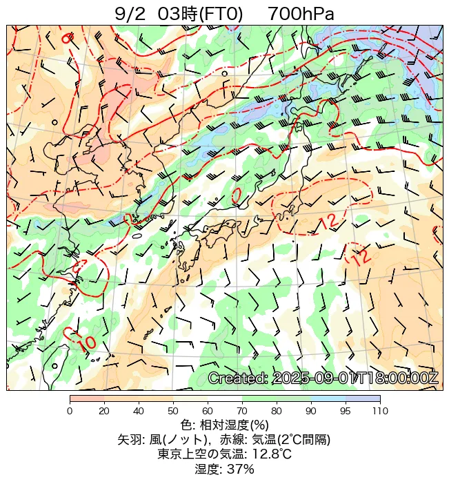2025年9月2日の日本周辺の700hPa天気図（3時）