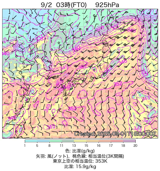 2025年9月2日の日本周辺の925hPa天気図（3時）