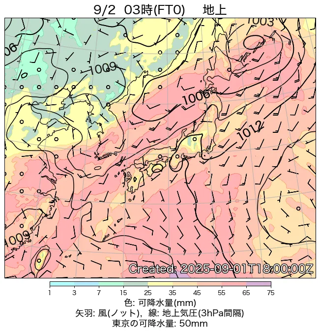 2025年9月2日の日本周辺の地上天気図（3時）