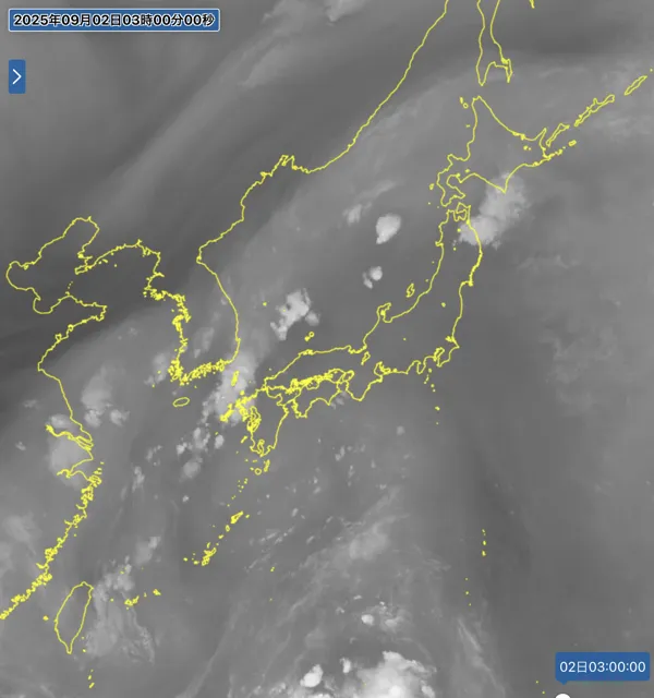 2025年9月2日3時の日本周辺の衛星水蒸気画像