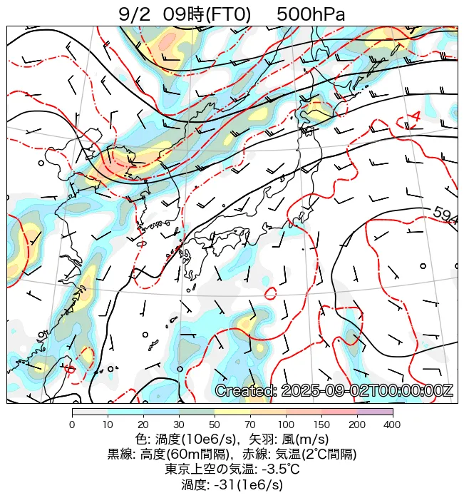 2025年9月2日の日本周辺の500hPa天気図（9時）