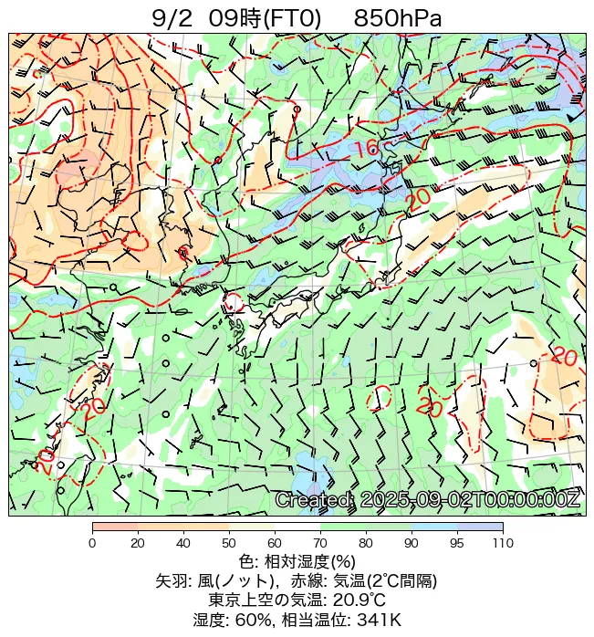 2025年9月2日の日本周辺の850hPa天気図（9時）
